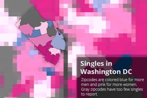 Singles map via Trulia (red represents areas with more single women than men, blue represents more men than women)