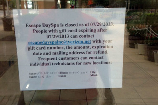 Escape Day Spa closes