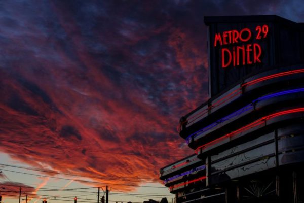 Sunset over Metro 29 Diner on Lee Highway (Flickr pool photo by Wolfkann)