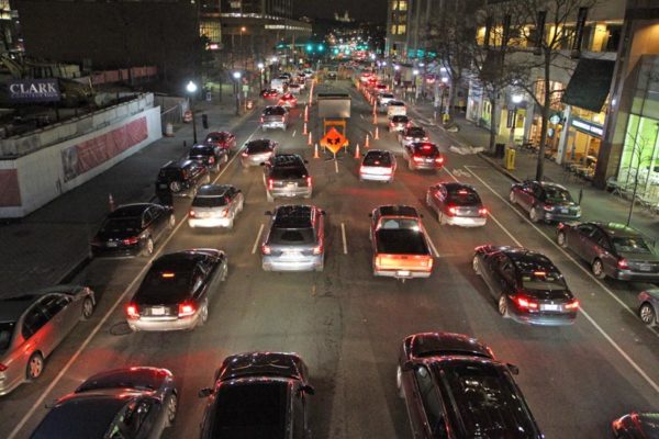 Traffic backup in Rosslyn caused by ongoing construction in the middle of N. Lynn Street