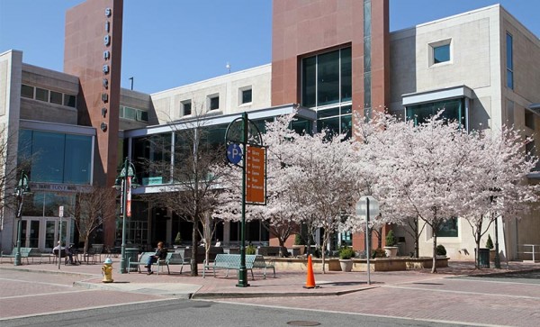 Springtime in Shirlington, in front of Signature Theater and the Shirlington Branch Library