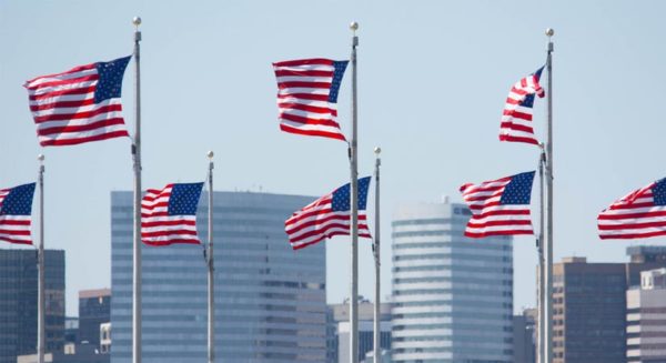 Flags with Rosslyn buildings in the background (Flickr pool photo by John Sonderman)