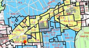 Map showing commercial (yellow) versus residential (blue) areas around Clarendon