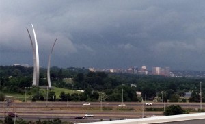 Thunderstorm approaches Arlington, with Rosslyn, the Air Force Memorial and Arlington National Cemetery in the background (file photo)