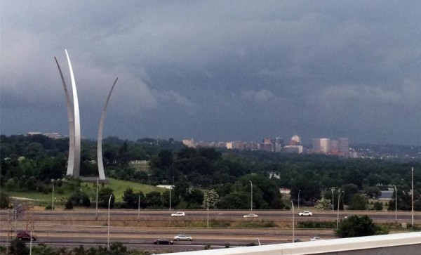 Thunderstorm approaches Arlington on 5/27/14, with Rosslyn, the Air Force Memorial and Arlington National Cemetery in the background.