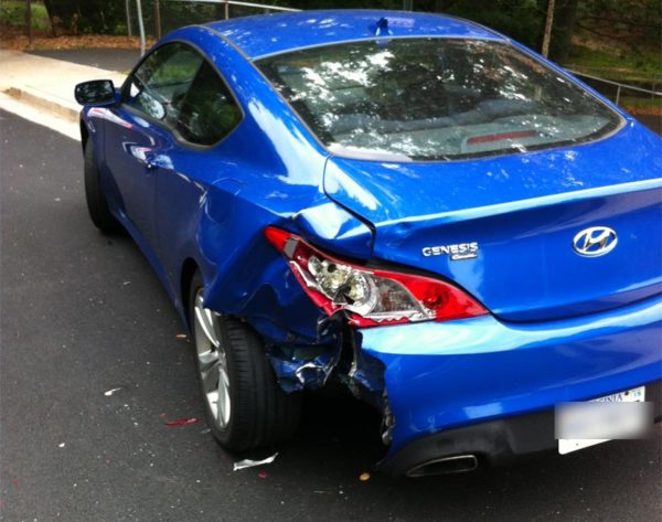 A car on S. Barton Street allegedly damaged by a naked motorcyclist (submitted photo)