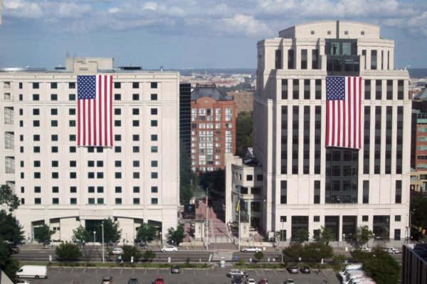 Flags on the Arlington County courthouse and detention facility buildings (photo courtesy Bill Ross)