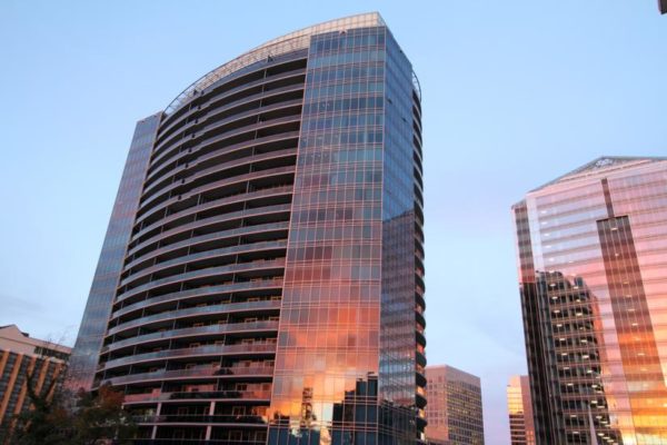 Two Rosslyn buildings reflect Friday night's fiery sunset