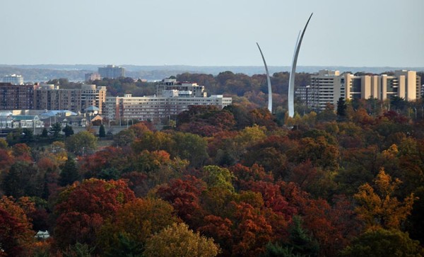 Air Force Memorial and Pentagon City in the fall (Flickr pool photo by Starbuck77)