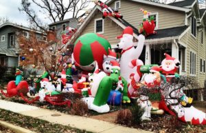 Inflatable Christmas decorations at a home in the Aurora Highlands neighborhood
