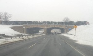 Snowy commute on Route 110 at Memorial Drive