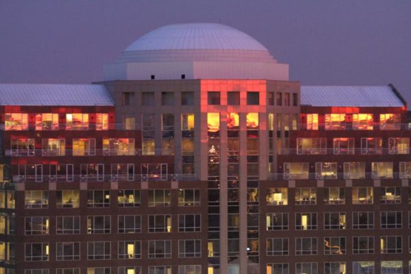 Pentagon City office building at dusk
