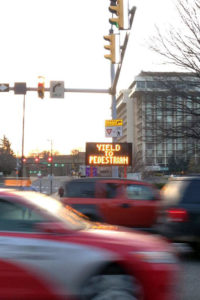 Yield to Pedestrian sign at the Intersection of Doom (photo via @DanaCJensen)