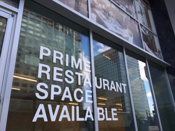 "Restaurant space available" sign in Rosslyn