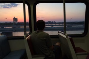 Watching the sunset while on a Metro train crossing the Yellow Line bridge over the Potomac