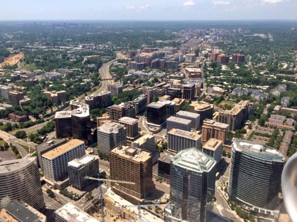 Aerial view of Rosslyn as seen from a flight arriving at DCA