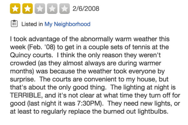Yelp review of Quincy Park