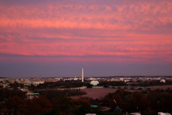 D.C. monuments seen during sunset from Arlington (Flickr pool photo by Brian Allen)
