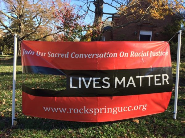 Vandalized "Black Lives Matter" sign outside Rock Spring Congregational church (photo courtesy Rev. Kathy Dwyer)