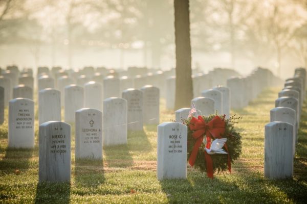 Graves and a holiday wreath at Arlington National Cemetery (Flickr pool photo by Kevin Wolf)
