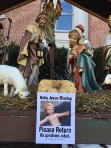 Baby Jesus missing from nativity scene outside Calvary United Methodist Church in Aurora Highlands (photo via Facebook)