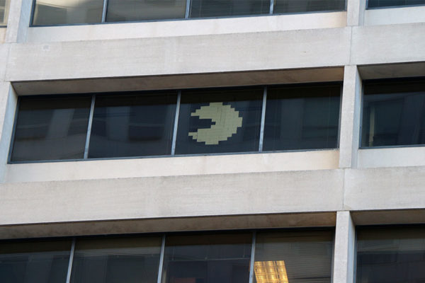 Post-it Note Pacman on the side of an office building in Rosslyn