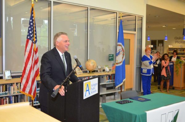 Gov. Terry McAuliffe signs two pieces of legislation at Wakefield High School on 5/12/16 (Photo courtesy Arlington County)