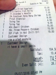 Insult-filled receipt from Peter Chang restaurant (courtesy photo)