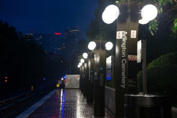 Arlington Cemetery Metro station in the rain (Flickr pool photo by Brian Irwin)