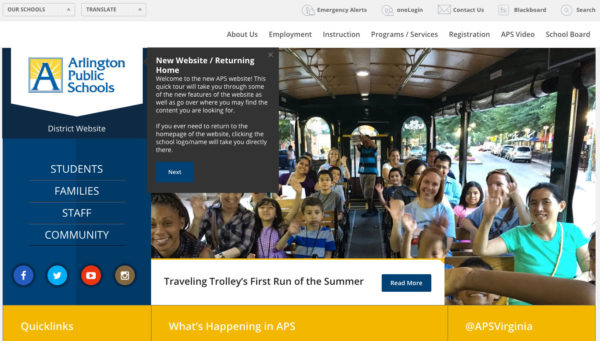 Screenshot of new Arlington Public Schools (APS) website