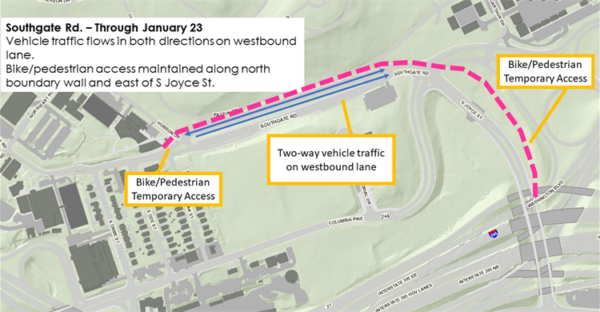 Vehicle, pedestrian, and bike detours along Columbia Pike through Jan. 23 (via Arlington County)